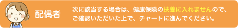 次に該当する場合は、健康保険の扶養に入れませんので、ご確認いただいた上で、チャートに進んでください。