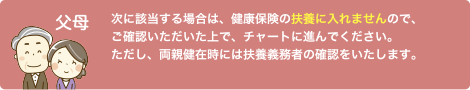 次に該当する場合は、健康保険の扶養に入れませんので、ご確認いただいた上で、チャートに進んでください。ただし、両親健在時には扶養義務者の確認をいたします。